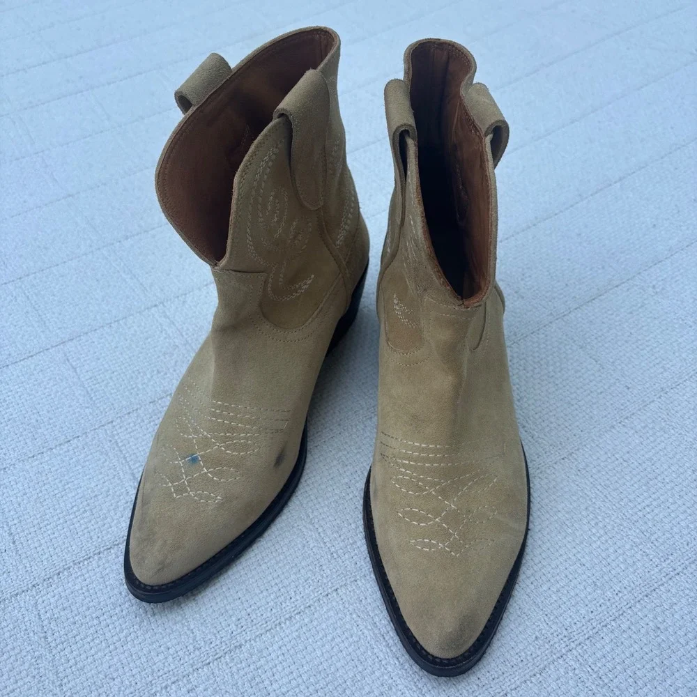 Women's 38 TORAL Puja Light Tan Suede Leather Short Pull On Cowboy Western Boots